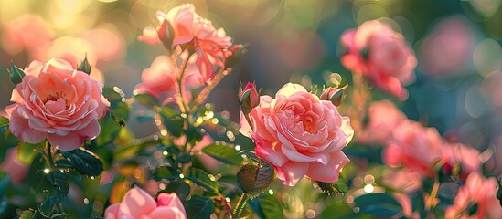 Leinwandbilder - Close up image of Double Delight rose flowers illuminated by summer sunlight set against a blurred evergreen backdrop Intimate atmosphere with a serene backdrop. Creative banner. Copyspace image
