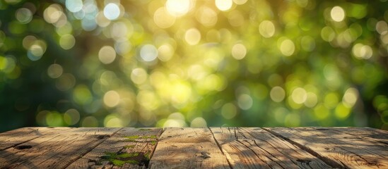 Canvas Print - Blurred green backdrop adds bokeh effect to wooden surface with copy space image