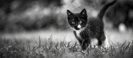 Wall Mural - A charming black and white kitten plays happily in the yard with a copy space image available