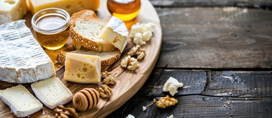 Poster - A cheese platter with Brie slices nuts honey and baguette toast on a wooden board with a copy space image showcasing different Italian and French cheeses like Brie