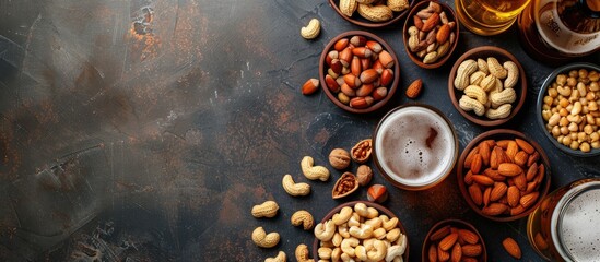 Poster - Top view of assorted nuts lager beer and snacks displayed on a stone table with plenty of space for additional content in the image