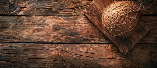 Aufkleber - Close up of a whole coconut on a wooden board with ample copy space image