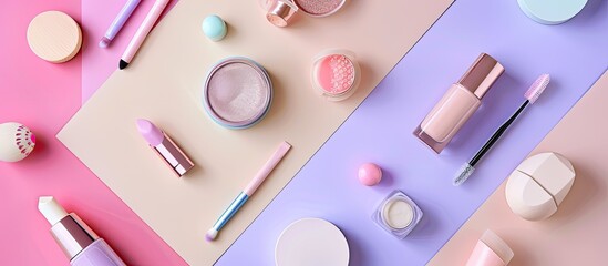 Poster - Creative flat lay composition of makeup and cosmetic fashion products arranged against a pastel pink purple and beige background with copy space image