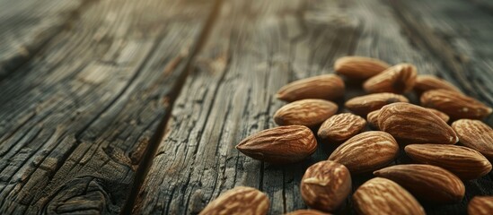 Aufkleber - Almonds positioned on a dark wooden surface with a focus on their organic protein rich nature creating a background with room for additional images