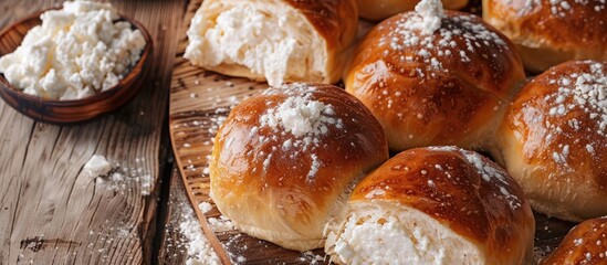 Poster - Close up picture of homemade yeasty buns filled with cottage cheese and milk with copy space image