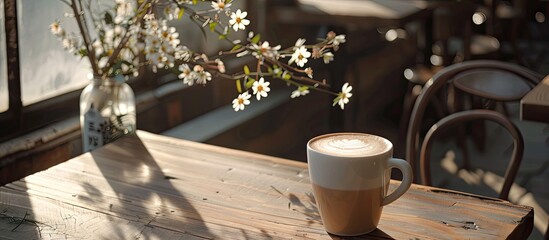 Aufkleber - A cafe latte sits on a wooden table beside a small plant with blooms Contains copy space image