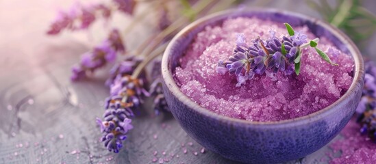 Poster - Close up view of a bowl containing a sugar scrub with lavender flowers on a table providing copy space image
