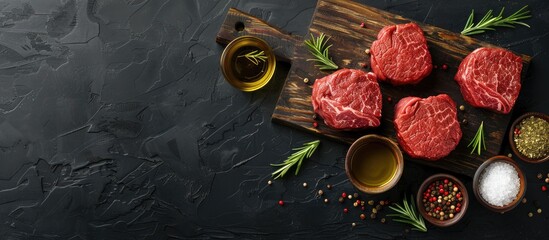 Poster - Beef tenderloin with various seasonings and oils displayed on a wooden board against a black background in a top view photograph with copy space image