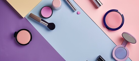 Poster - Creative flat lay composition of makeup and cosmetic fashion products arranged against a pastel pink purple and beige background with copy space image