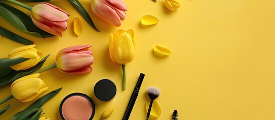 Poster - A flat lay arrangement featuring makeup products and yellow tulips on a yellow backdrop with copy space image