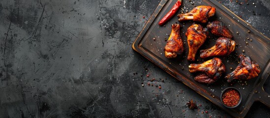 Aufkleber - Chicken wings and legs on a cutting board with spices set against a rustic dark gray background perfect for text or other visuals in a flat lay image. Creative banner. Copyspace image