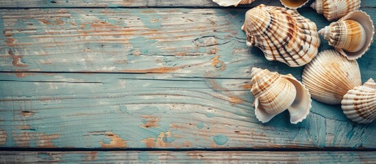 Aufkleber - A close up top view of sea shells on a wooden background in retro style with toned coloring creating a nostalgic vibe for a copy space image