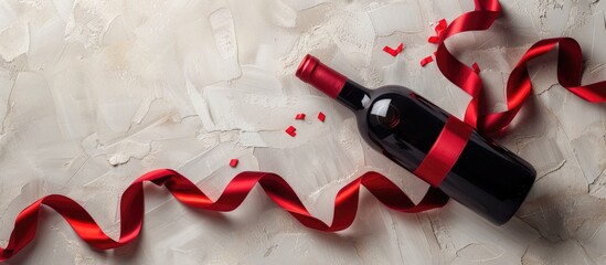 Aufkleber - Top view of a bottle of red wine adorned with red satin ribbons creating a wine glass shape in an image with copy space