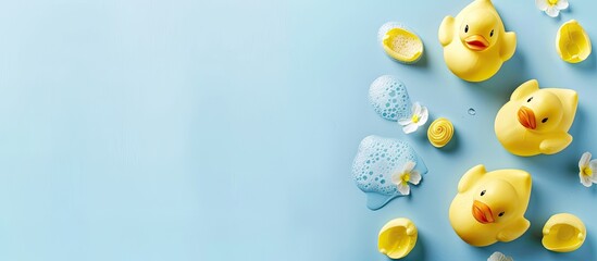 Aufkleber - Baby bath accessories featuring yellow rubber ducks on a blue background with copy space image