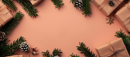 Poster - Christmas tree branches creatively arranged with gifts in a flat lay composition presenting a nature themed New Year concept with copy space image