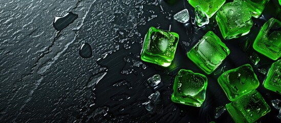 Aufkleber - A black table acts as a backdrop for vivid green ice cubes in the copy space image