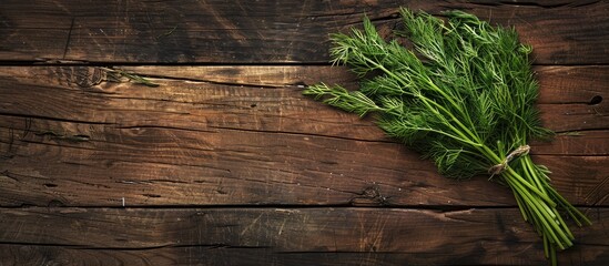 Poster - Top view of a cluster of fresh dill on a rustic wooden surface providing ample copy space for a picture