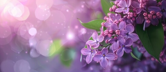 Poster - Copy space image with blooming violet lilac flowers against defocused green leaves