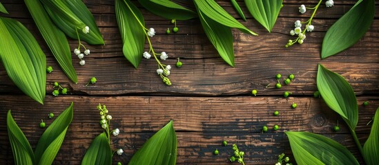 Aufkleber - A charming image featuring lily of the valley with vibrant green leaves set on a rustic wooden backdrop perfect for a cheerful day s greeting. Creative banner. Copyspace image