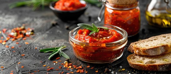 Poster - Ajvar in a transparent glass bowl with a spread on a slice of bread displayed invitingly for a photo with copy space image