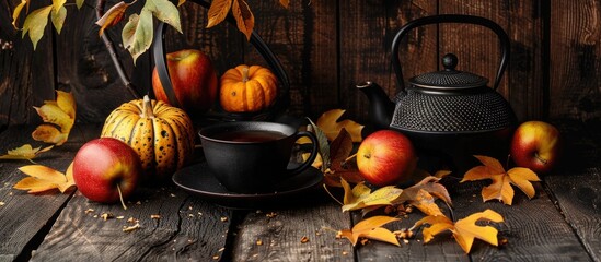 Fototapete - Autumn themed arrangement featuring fall elements like pumpkins apples and yellow leaves alongside a black teapot and cup on a dark wooden backdrop perfect for an autumnal tea with a copy space image