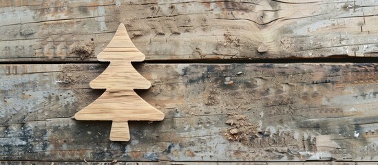 Poster - Christmas tree sign symbol displayed on a wooden backdrop with copy space image for a festive New Year greeting card