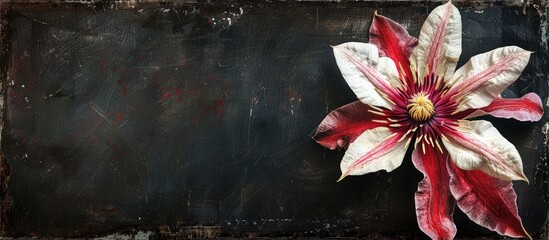 Poster - Detailed vintage style painting with a single red and white clematis flower s center as the subject on a black backdrop featuring intricate texture perfect for a copy space image