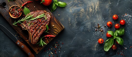 Poster - Top view of a beef steak with herbs and spices on a cutting board against a stone background with copy space image