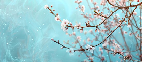 Fototapete - Cherry tree branches with early spring buds set against a blue sky outdoors create a serene spring banner with a dreamy landscape view and copy space image