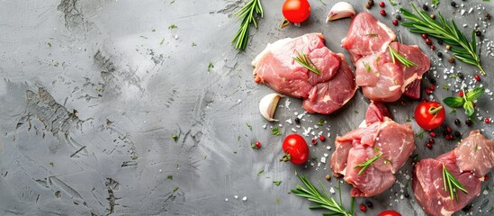 Poster - Composition of fresh raw meat arranged in a flat lay style on a gray background with copy space image available