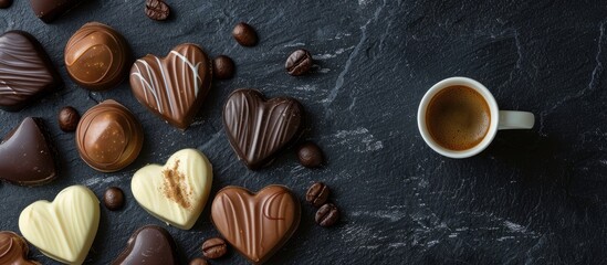 Poster - Dark and white heart shaped chocolates and a cup of robust coffee elegantly arranged on a black backdrop with copy space image
