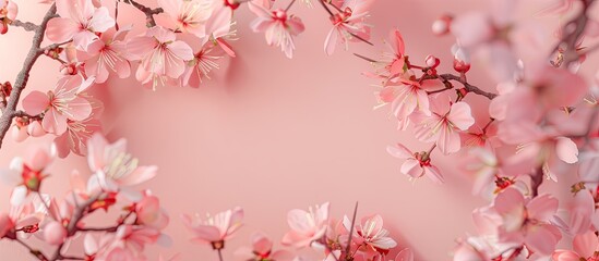 Poster - Cherry blossom branches on a pastel pink backdrop for a spring frame with copy space image