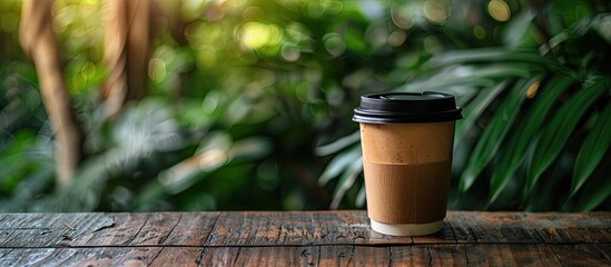 Aufkleber - A close up photo of a disposable coffee cup on a wooden table surrounded by a lush garden setting featuring a steaming cappuccino with a dark lid on top and available space for additional elements in