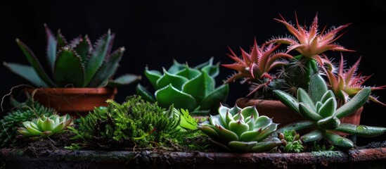 Poster - Isolated dark potted succulent and cactus plants with decorative moss with a background for copy space image