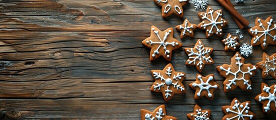 Fototapete - Christmas themed homemade gingerbread cookies on a wooden backdrop with a blank copy space image for text Featuring snowflake and star shaped treats Ideal for holiday greetings or cooking related desi