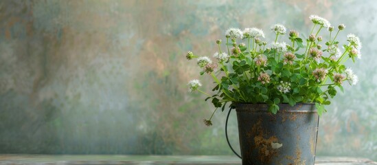 Aufkleber - Copy space image Clover wild flowers in a charming bucket against a soft background creating a lovely and uncomplicated still life composition