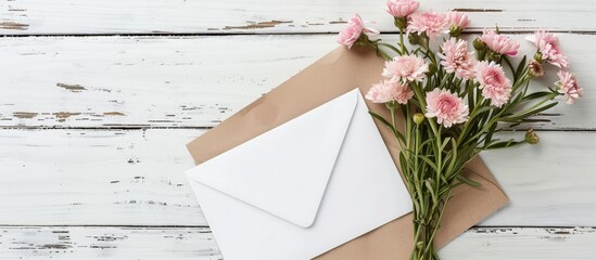 Poster - Top view of a blank white greeting card featuring a bouquet of pink aster flowers with an envelope placed on a white wooden surface ideal for a copy space image