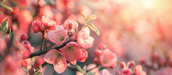 Poster - Detailed closeup view of a stunning blooming quince tree outdoors on a lovely spring day perfect for a copy space image
