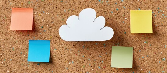 Poster - close up of colorful stickers attached to a cork board with three sticky notes for messages along wi