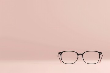 Black eyeglasses with clear lenses lie on a pale pink background. Generative AI