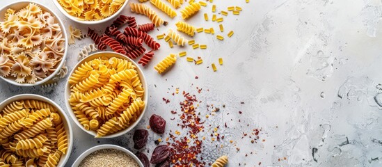 Poster - Top view of assorted dried pastas with copy space image available