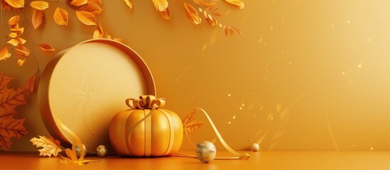 Poster - Circular sign with a fall themed pumpkin and gift box on a golden backdrop ideal for a copy space image