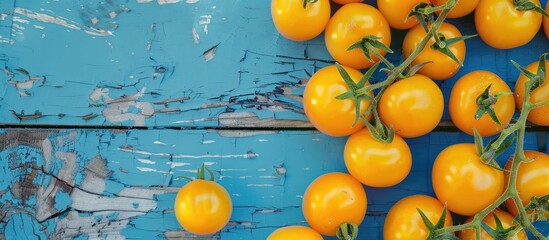 Poster - Top view of a blue wooden table adorned with ripe yellow tomatoes providing ample copy space image
