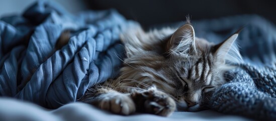 Canvas Print - A charming young house cat rests in a cozy setting with a copy space image