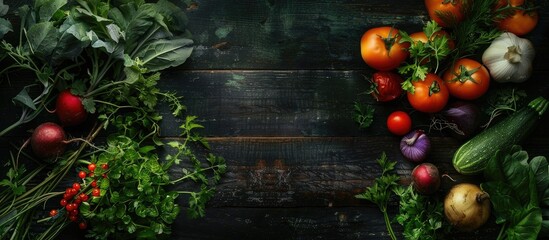 Poster - A captivating food styling scene with an assortment of fresh raw vegetables and herbs elegantly arranged on a dark wooden table perfect for healthy eating ideas with copy space image
