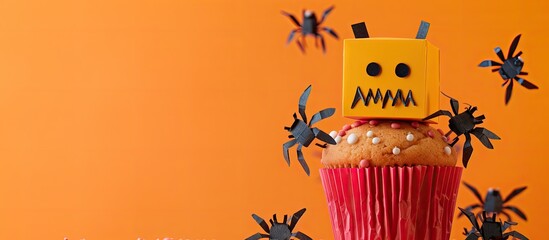 Poster - An amusing paper monster holding a spooky cupcake amidst an orange backdrop adorned with black spiders ideal for Halloween with a copy space image