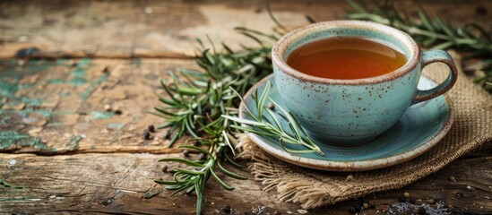 Poster - A cup of fragrant herbal tea and rosemary on a rustic wooden table with a blank background for text or other content in the photo known as a copy space image