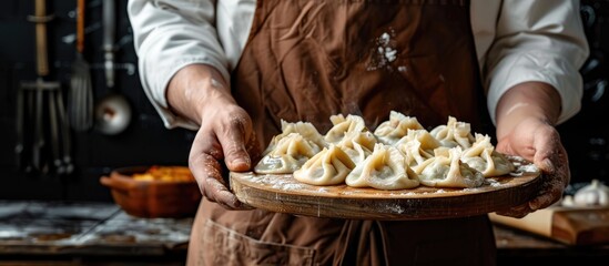 Poster - A cook in a brown apron holding a round wooden cutting board with khinkali and manti against a copy space image