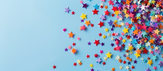 Poster - A vibrant circular arrangement of colorful stars on a pastel blue backdrop ideal for showcasing promotion greetings or enhancing party decor for various celebrations in a copy space image