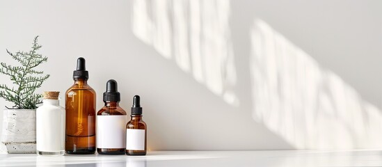 Poster - Cosmetic bottles arranged on a white backdrop with copy space image